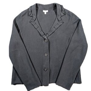 Talbots Womens Large Cardigan Black Ruffled Collar Long Sleeve Blazer Sweater